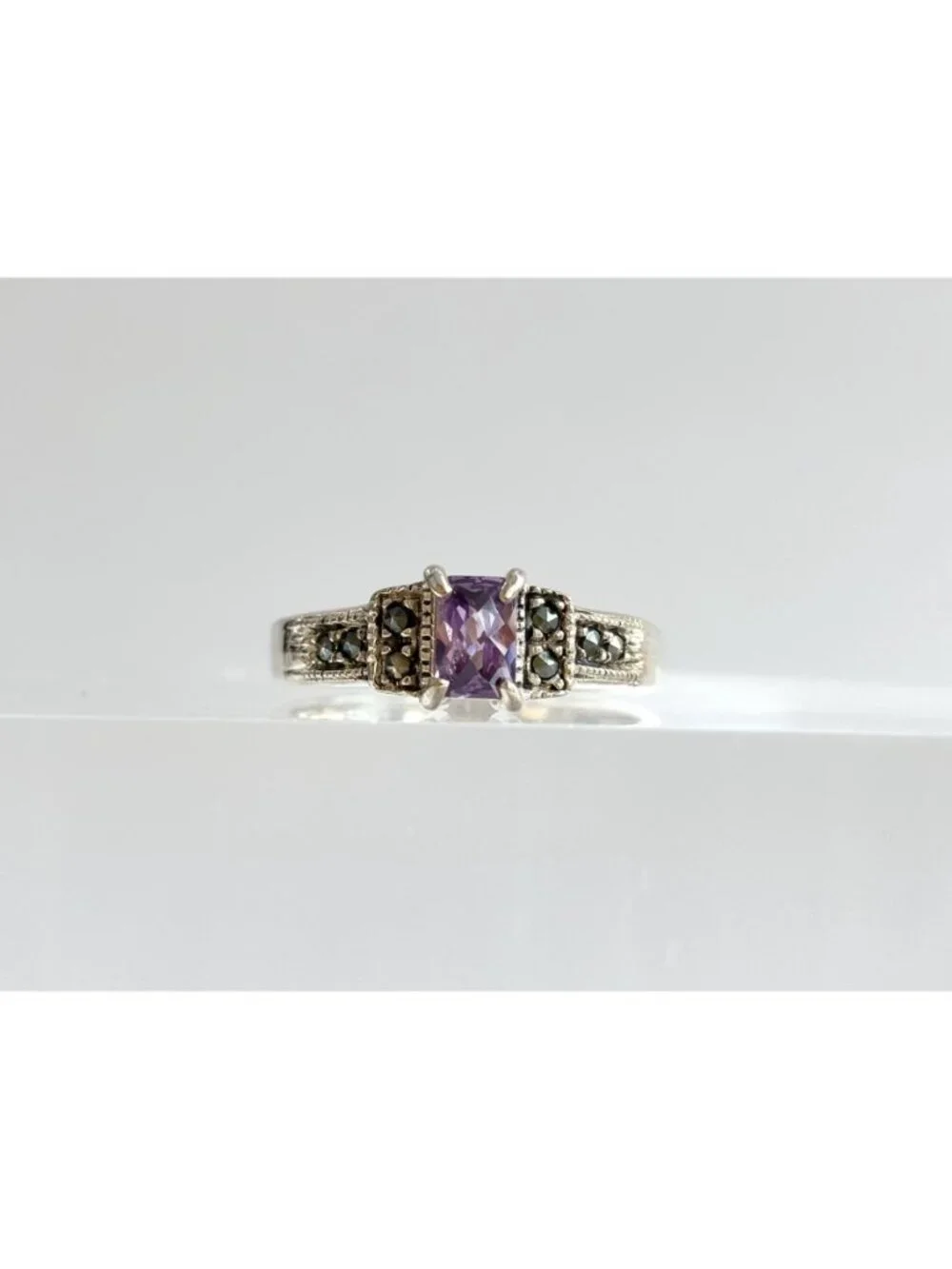 Art Deco Amethyst Gemstone Marcasite Sterling Silver 925 Vintage Ring - sz 9